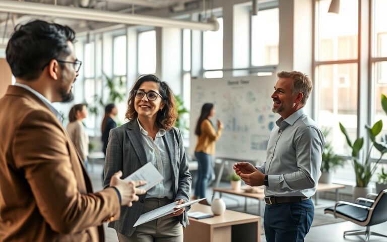 a high-resolution, photorealistic image of a professional business setting with a diverse group of office workers engaged in a collaborative meeting. The foreground features two people, one speaking animatedly and the other taking notes, illustrating the benefits of bilingualism in a career setting. The middle ground shows a large whiteboard with charts and diagrams, indicating data analysis and strategic planning. The background showcases a modern, well-lit office with large windows, sleek furniture, and various plants, creating a comfortable and productive atmosphere. The lighting is natural and warm, enhancing the professional yet approachable tone. The camera angle is slightly elevated, providing a comprehensive view of the scene.